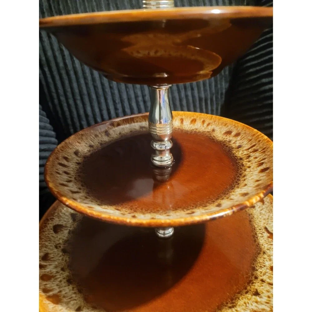 Carefree Ironstone by Canonsburg 3‑Tier Tidbit Tray – Brown Drip Vintage